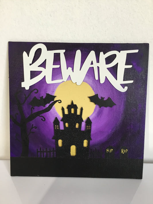 Beware Haunted House Canvas Panel